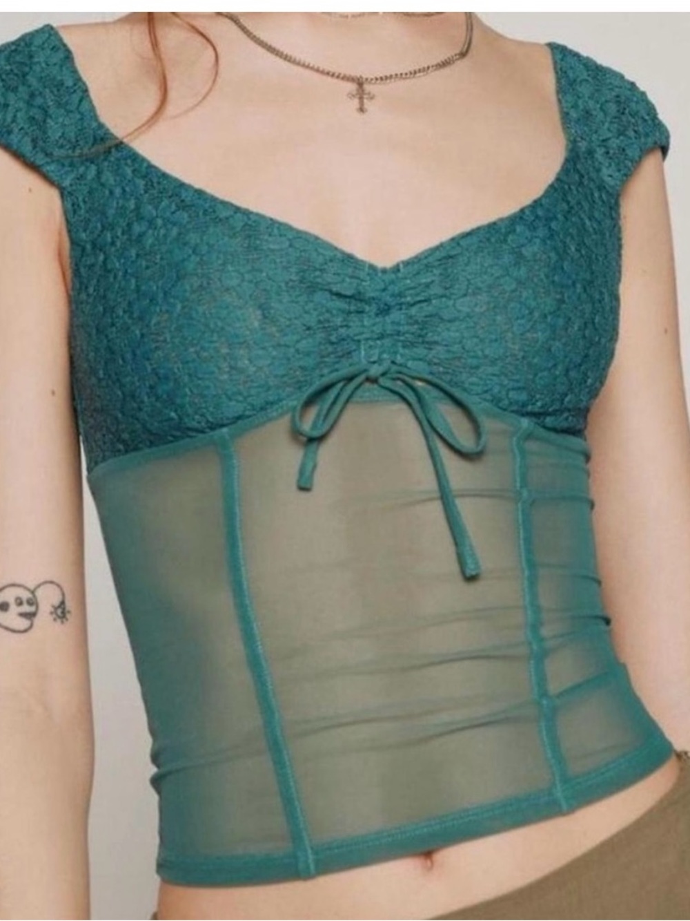 Urban Outfitters Teal Lace & Sheer Mesh Corset Top